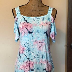 JM Collection Cold-Shoulder Tie-Dye Floral Tank Top - Blue & Pink